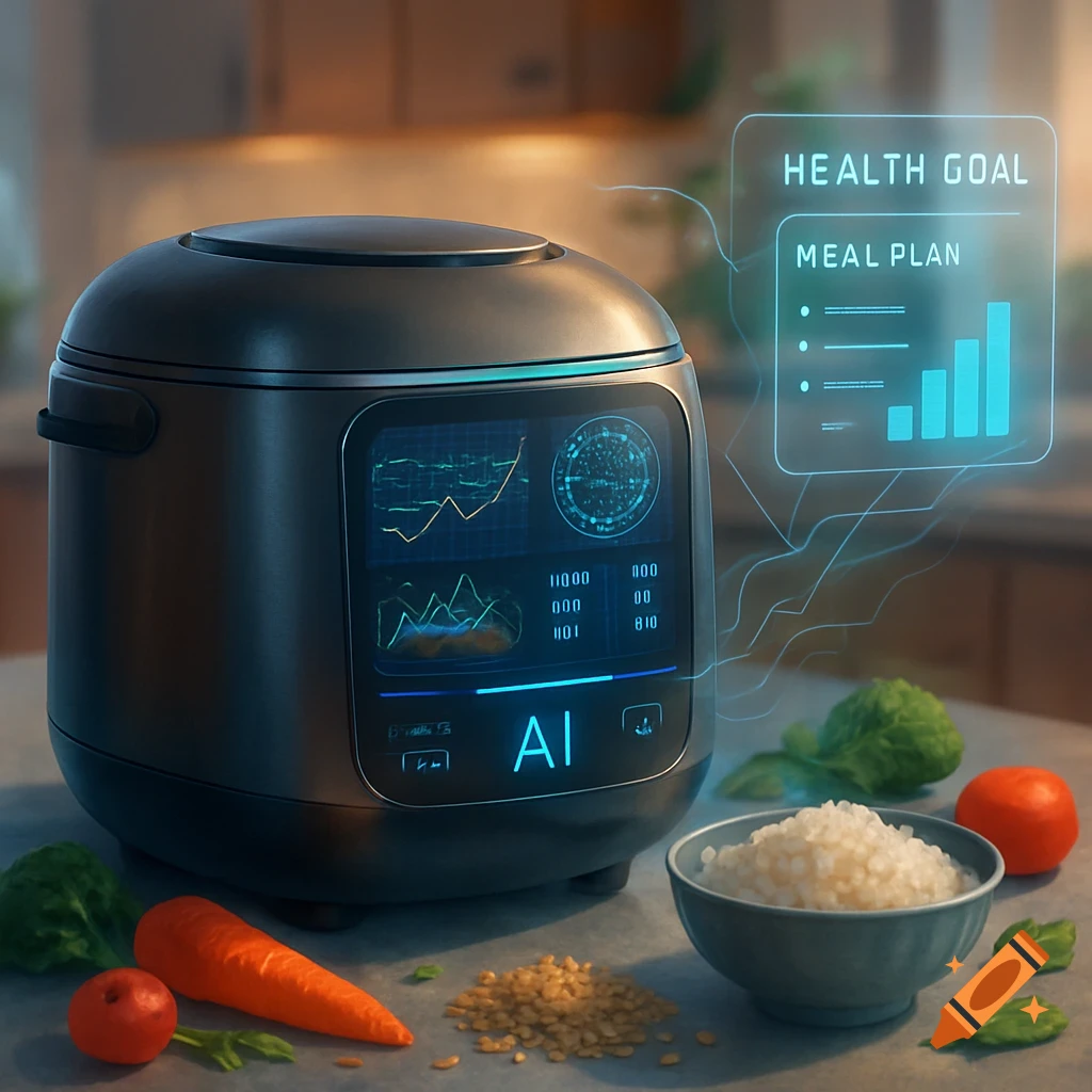 A futuristic black smart rice cooker with a glowing AI screen and holographic health display, surrounded by fresh ingredients like rice, carrots, and greens on a kitchen counter.