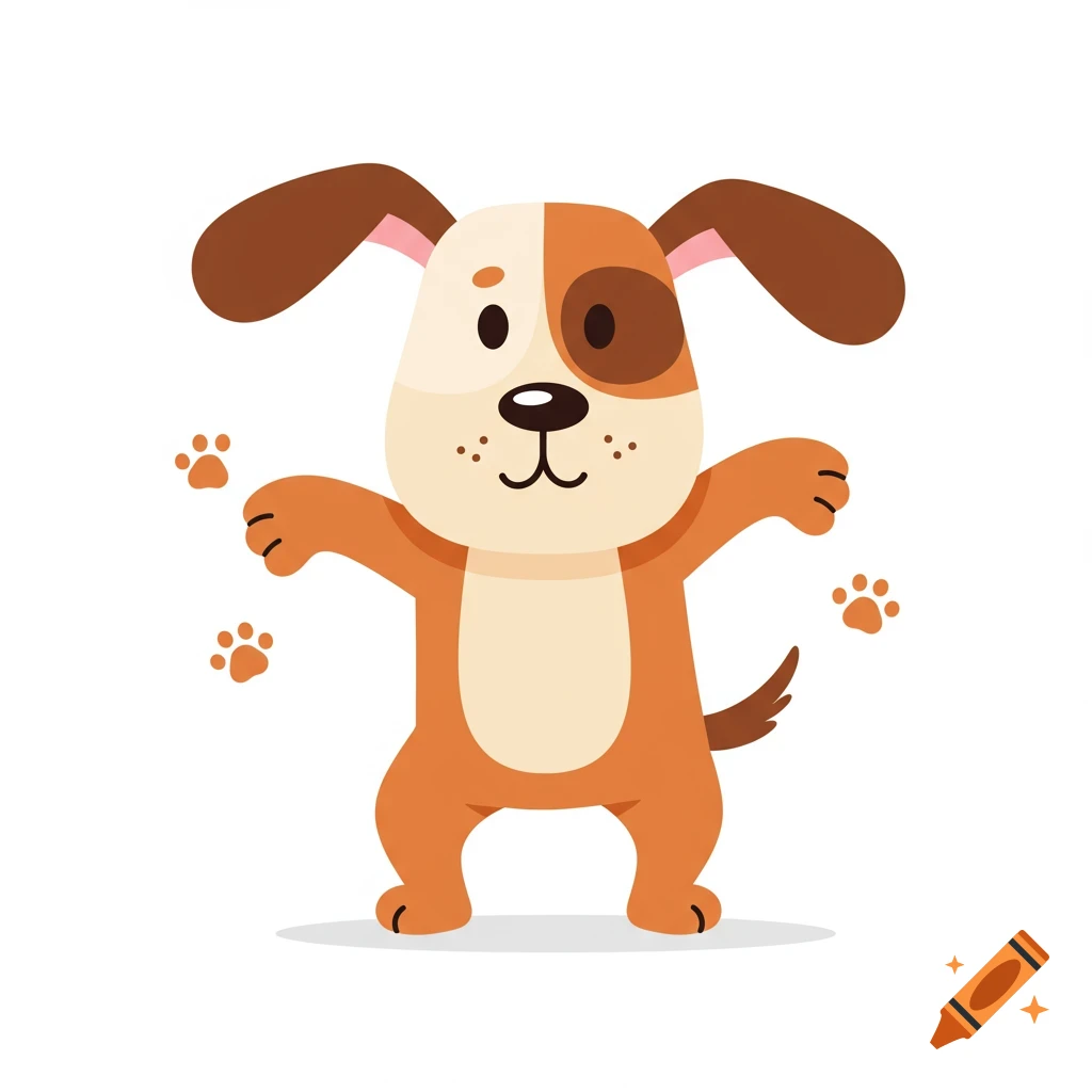 A cute, goofy cartoon dog with brown and white fur, standing with paws raised, surrounded by paw prints.