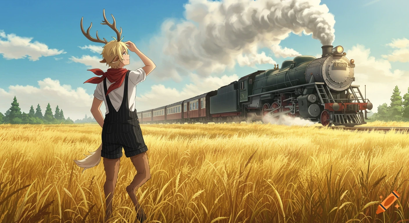 Anime style image of a blond satyr with antlers and hooves in a golden field, watching a steam train pass under a blue sky.