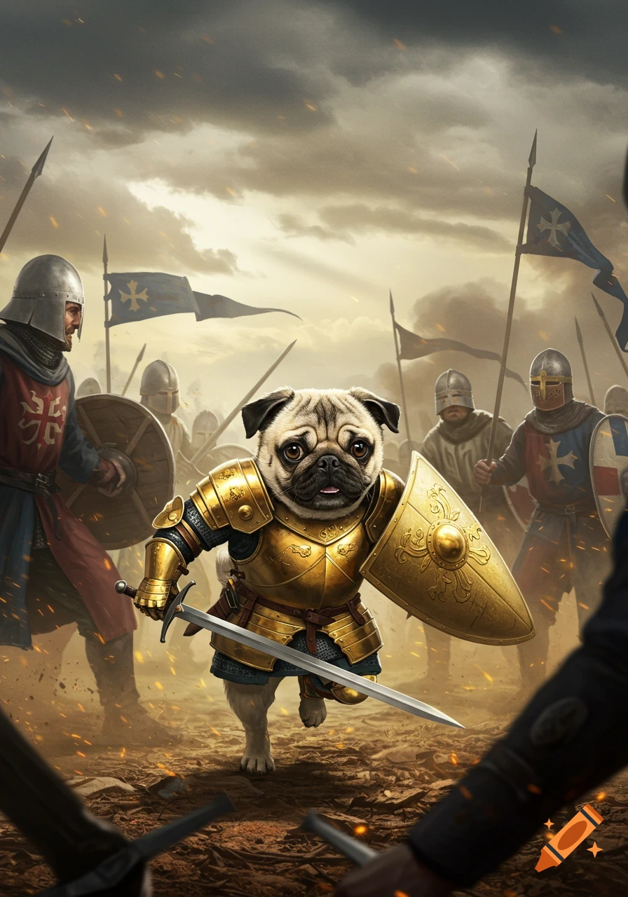 A determined pug in golden knight armor charges forward with a sword and shield on a chaotic medieval battlefield.