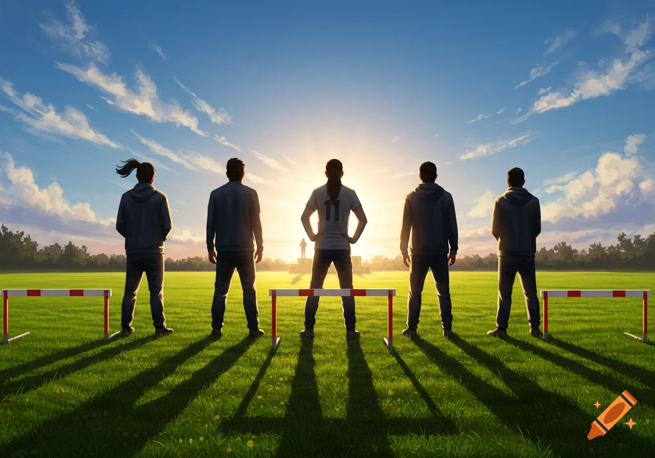 Five people stand on a green field with hurdles, backs to viewer, looking at a distant goal at sunrise in a stylized illustration.