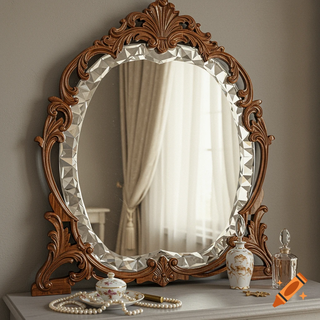 An ornate oval mirror with a carved wooden frame and faceted edge sits on a vanity table with a pearl necklace and perfume bottles.