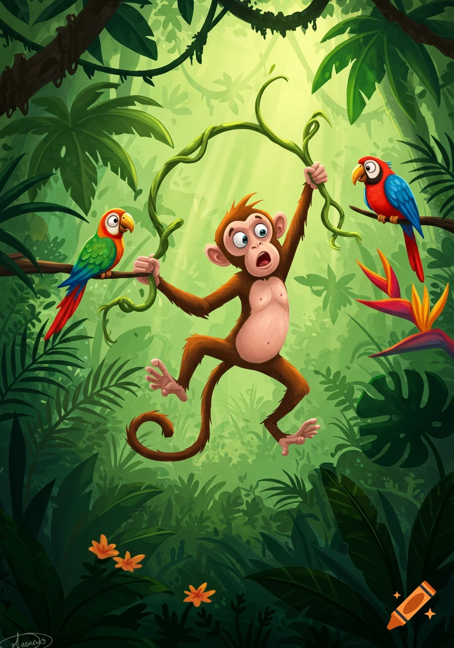 Cartoon illustration of a surprised monkey swinging on a vine in a lush jungle, with two colorful parrots and sunbeams.