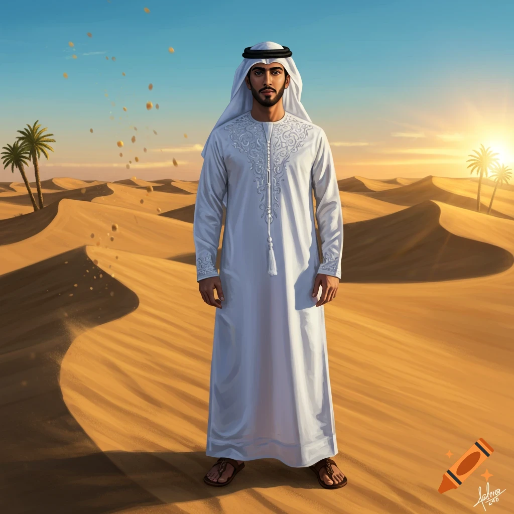 A man in traditional white Middle Eastern attire stands in a vast desert landscape with sand dunes and palm trees at sunset.