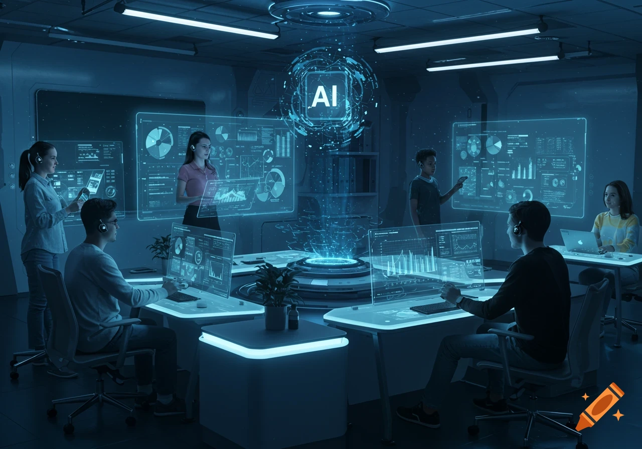Students in a futuristic smart classroom interacting with holographic AI interfaces and data visualizations in a blue-toned room.