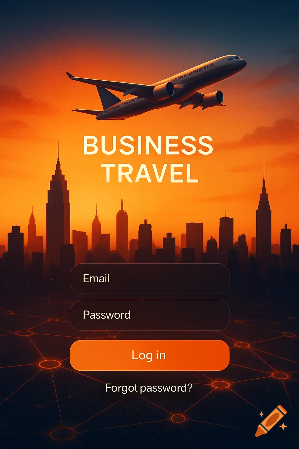 Login screen for a business travel app with an airplane flying over a city skyline at sunset, featuring email and password fields.