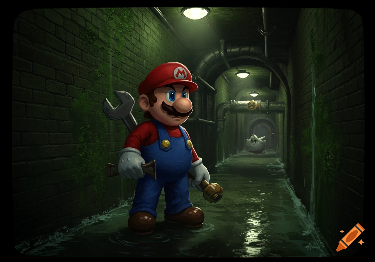 Mario, holding a wrench and plunger, stands in a dark, wet sewer with a Boo ghost behind him, detailed illustration.