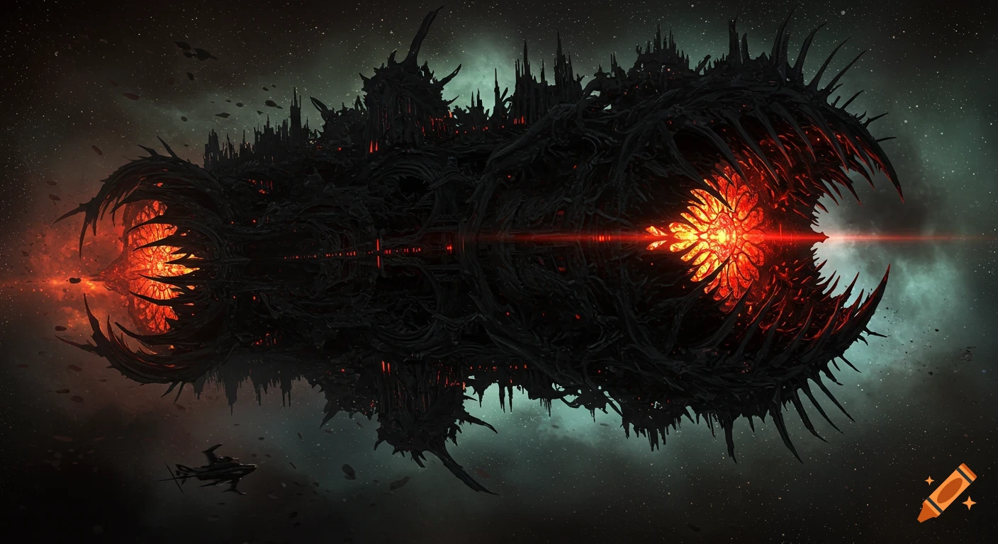 A huge, dark, bio-organic space castle with glowing red, spiky cores emitting energy beams, set against a starry sky.
