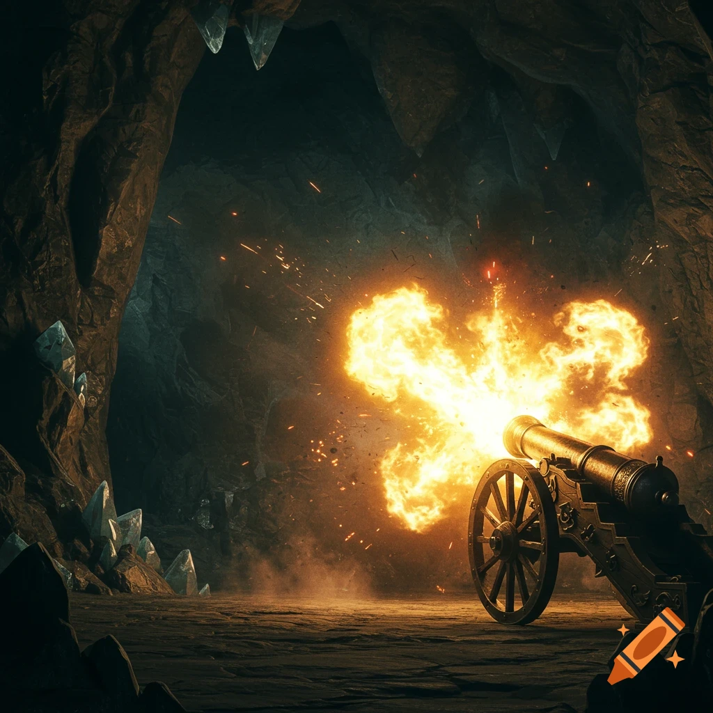 A cannon fires a fiery blast in a dark, crystal-filled cave, sparks flying.