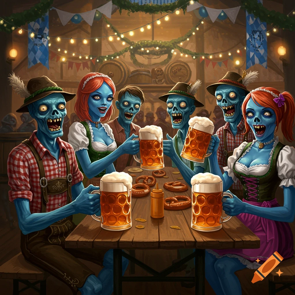 Stylized blue-skinned zombies in traditional Bavarian attire celebrate Oktoberfest, toasting with steins of beer at a wooden table in a festive beer hall.