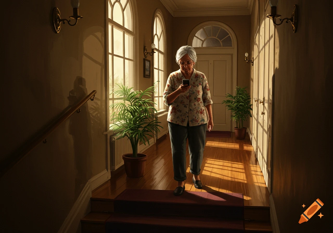 An elderly woman looks at her phone while walking down a sunlit hallway with plants and a staircase.