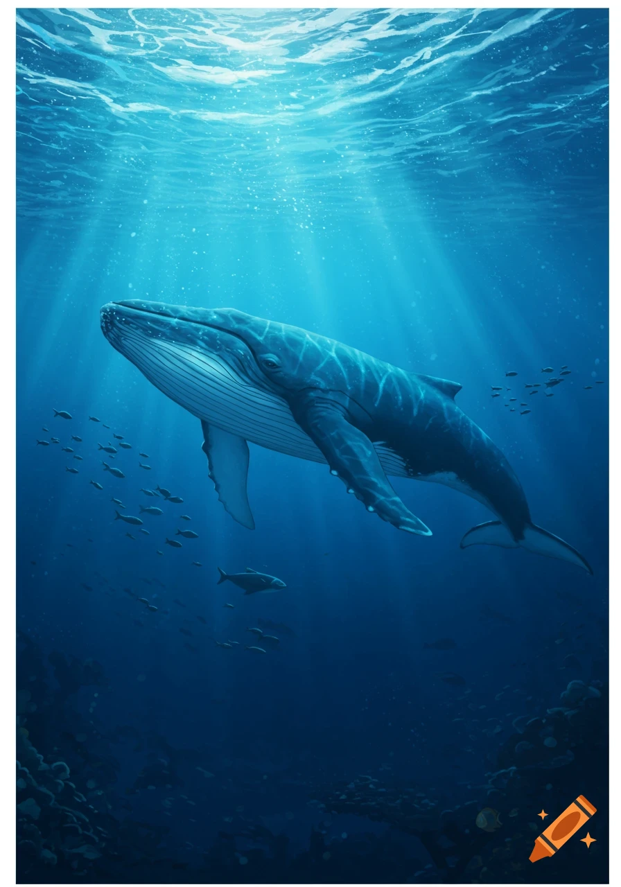 A large blue whale swims gracefully in the deep blue ocean, illuminated by bright sunbeams filtering through the surface. Small schools of fish swim nearby.