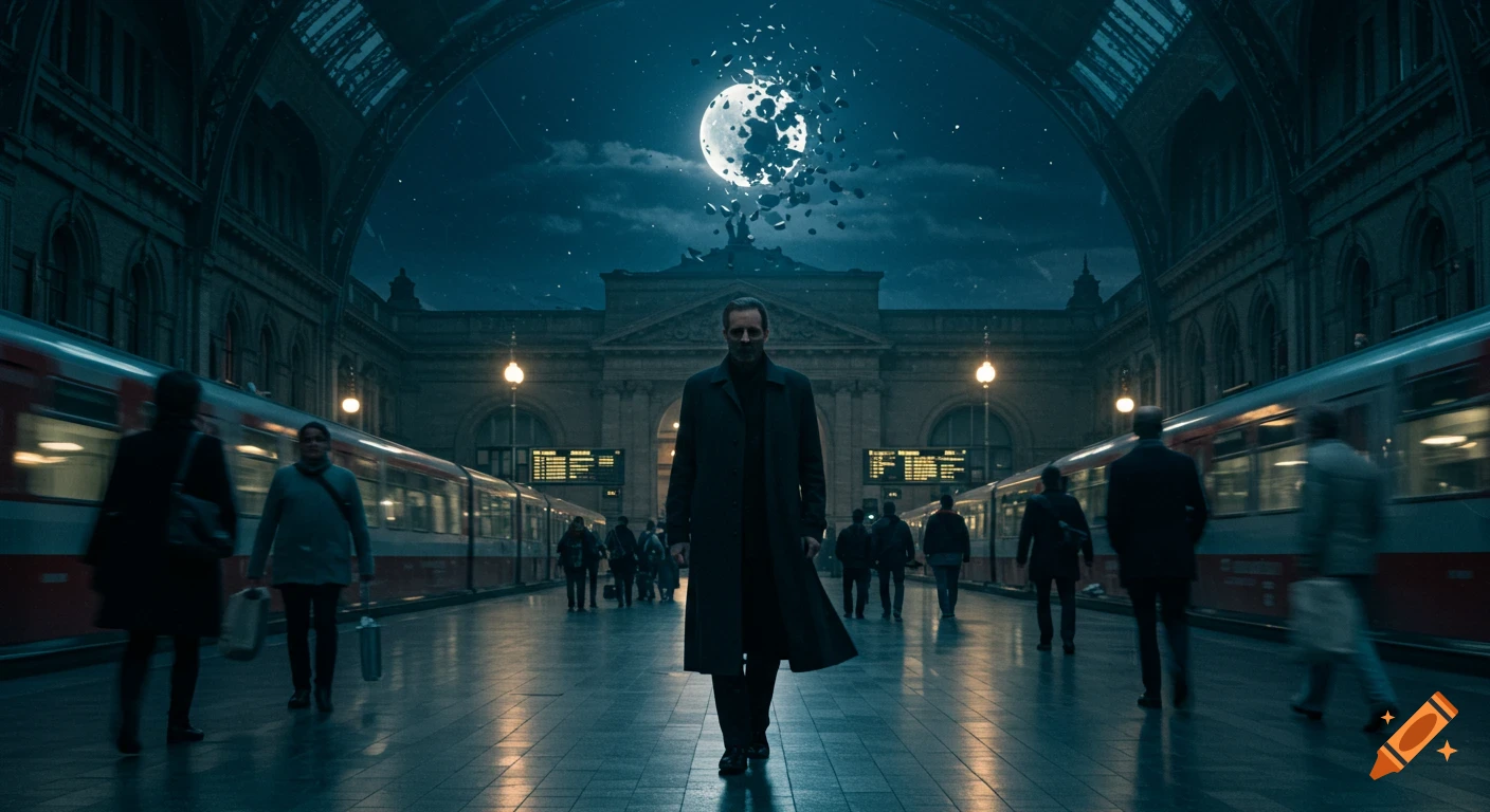 A man in a trench coat stands in a dimly lit train station at night, with a disintegrating moon in the sky.