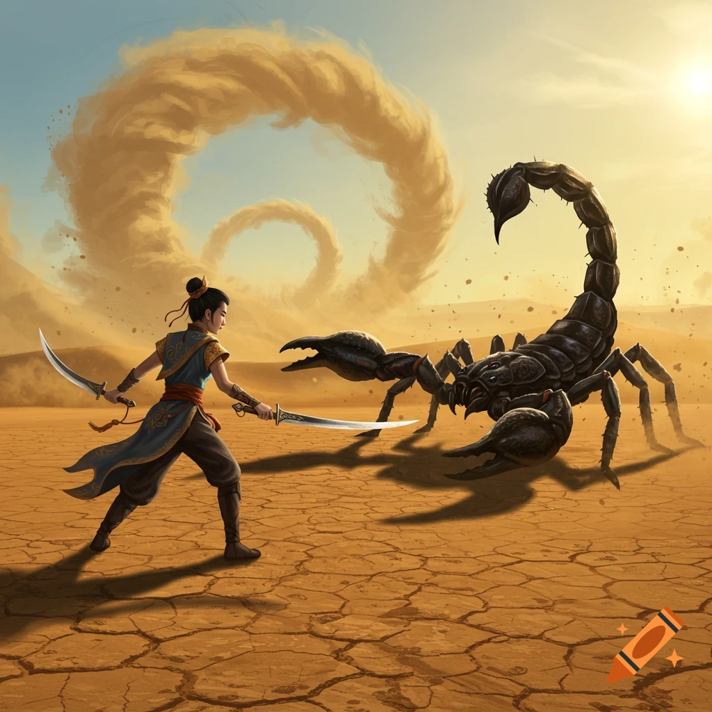 A warrior faces off against a giant scorpion in a cracked desert, with sand whirlwinds in the background.