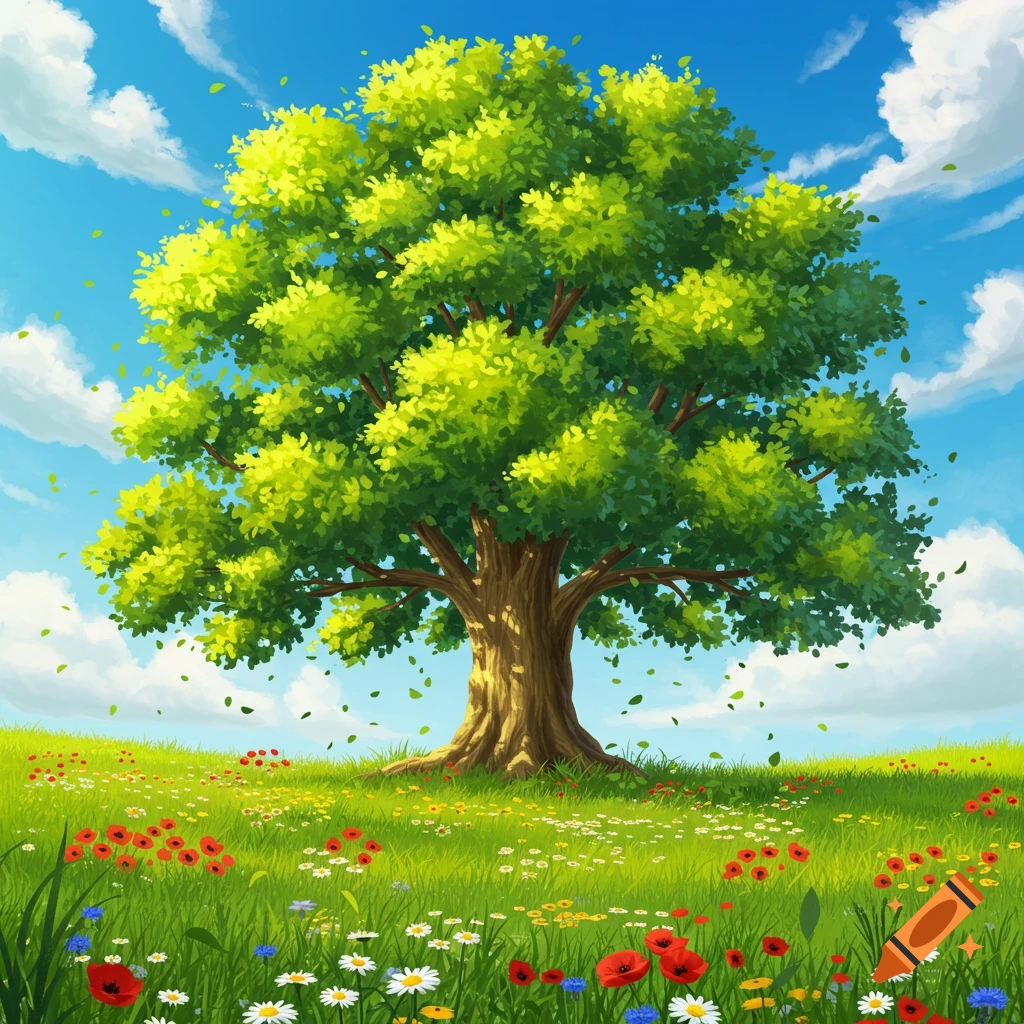 Vibrant illustration of a large green tree in a meadow filled with red, white, and yellow wildflowers under a blue sky with clouds.