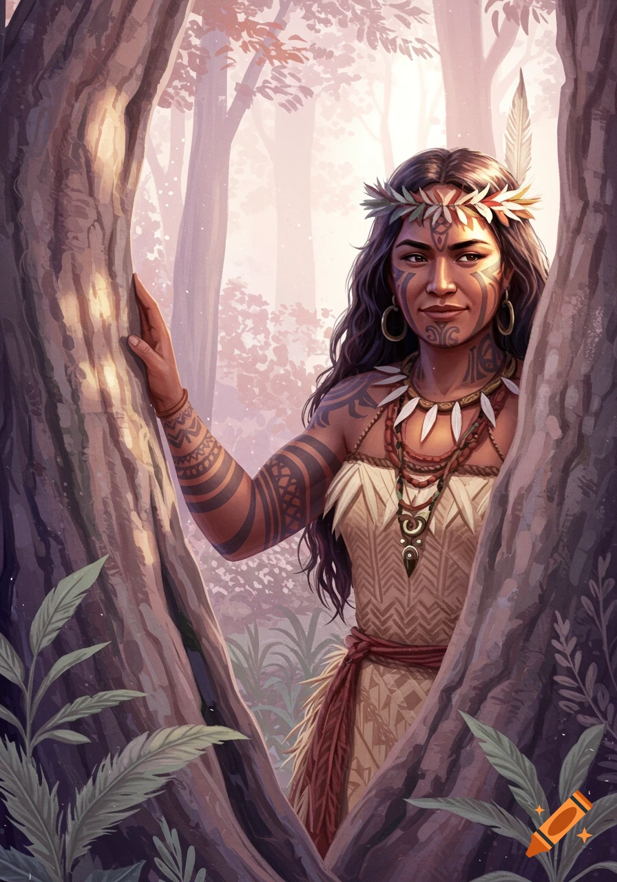 A beautiful indigenous woman with tribal tattoos and a leafy wreath in her hair peeks from behind a tree in a soft, ethereal forest.