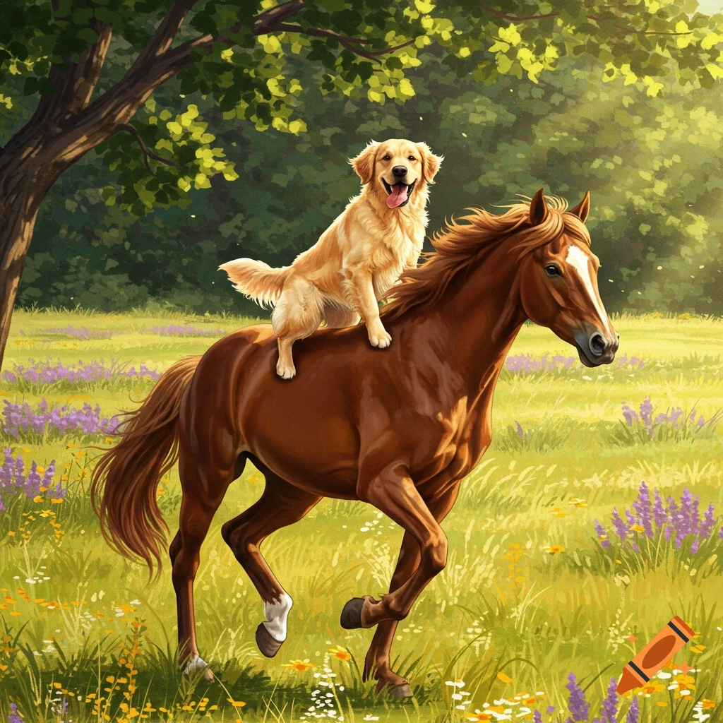 An illustration of a golden retriever dog riding a brown horse through a sunny field with wildflowers.