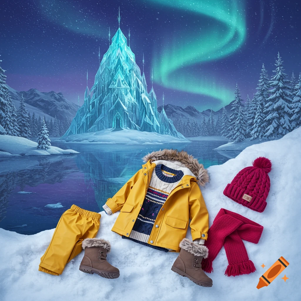 Children's winter clothes (yellow jacket, sweater, pants, boots, red hat & scarf) on snow with an ice palace & aurora.
