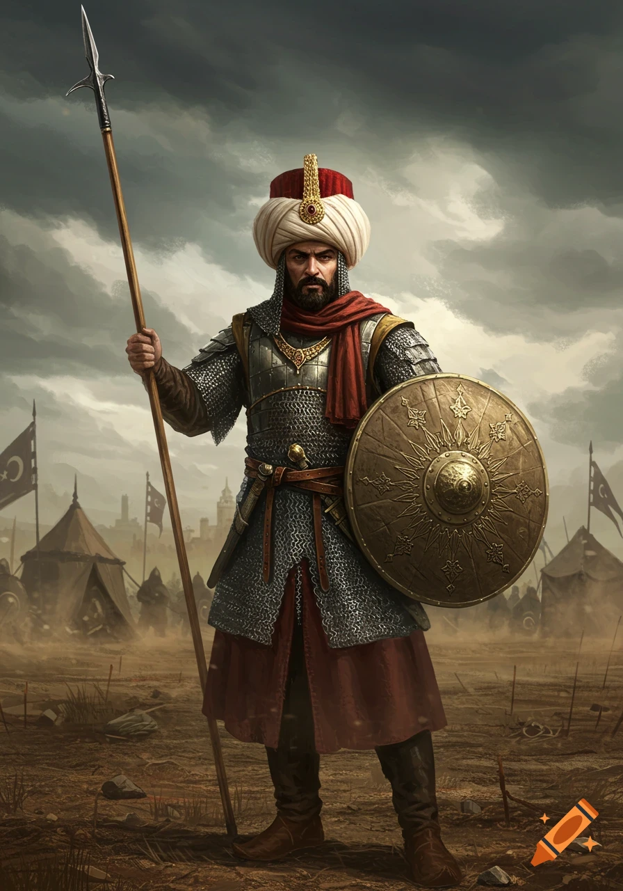A stern 16th-century Ottoman soldier in chainmail and turban, holding a spear and ornate shield on a dusty battlefield.