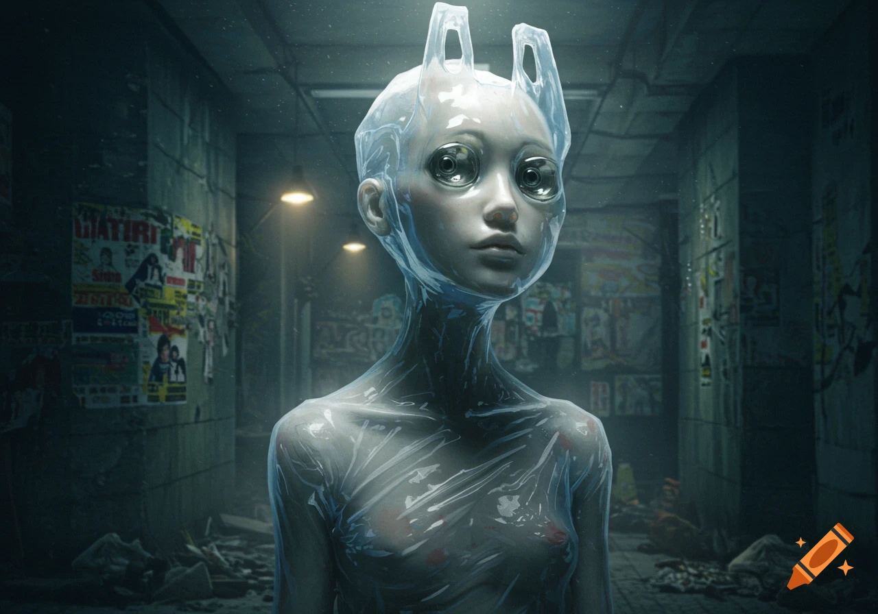 A surreal humanoid figure with translucent skin, large dark eyes like empty bottles, and plastic bag-like ears, standing in a dark, grunge alley.