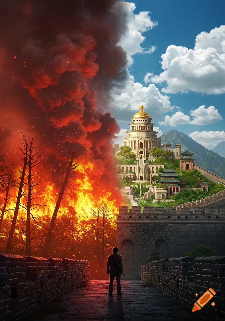A man stands on a great wall, looking towards a beautiful city on one side, while the other side shows a burning forest.