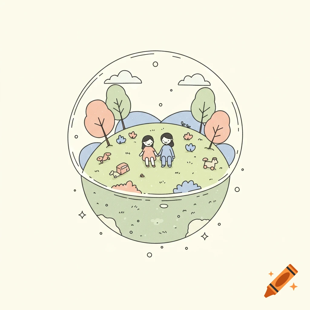 Minimalist illustration of an adult and child sitting on a green hill inside a bubble-like tiny planet with trees and toys.
