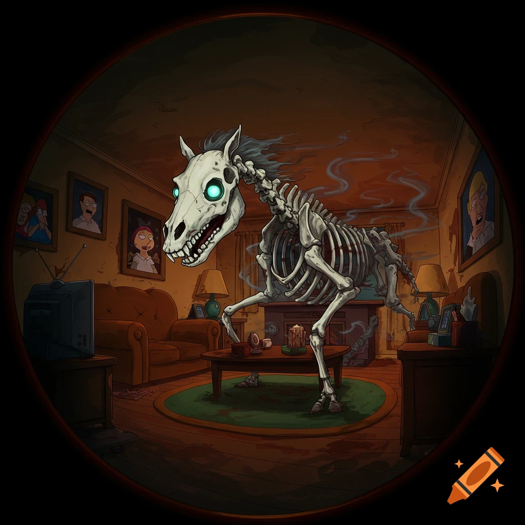A stylized skeletal horse with glowing green eyes and wisps of smoke stands in a cartoonish living room with Family Guy character portraits on the walls.