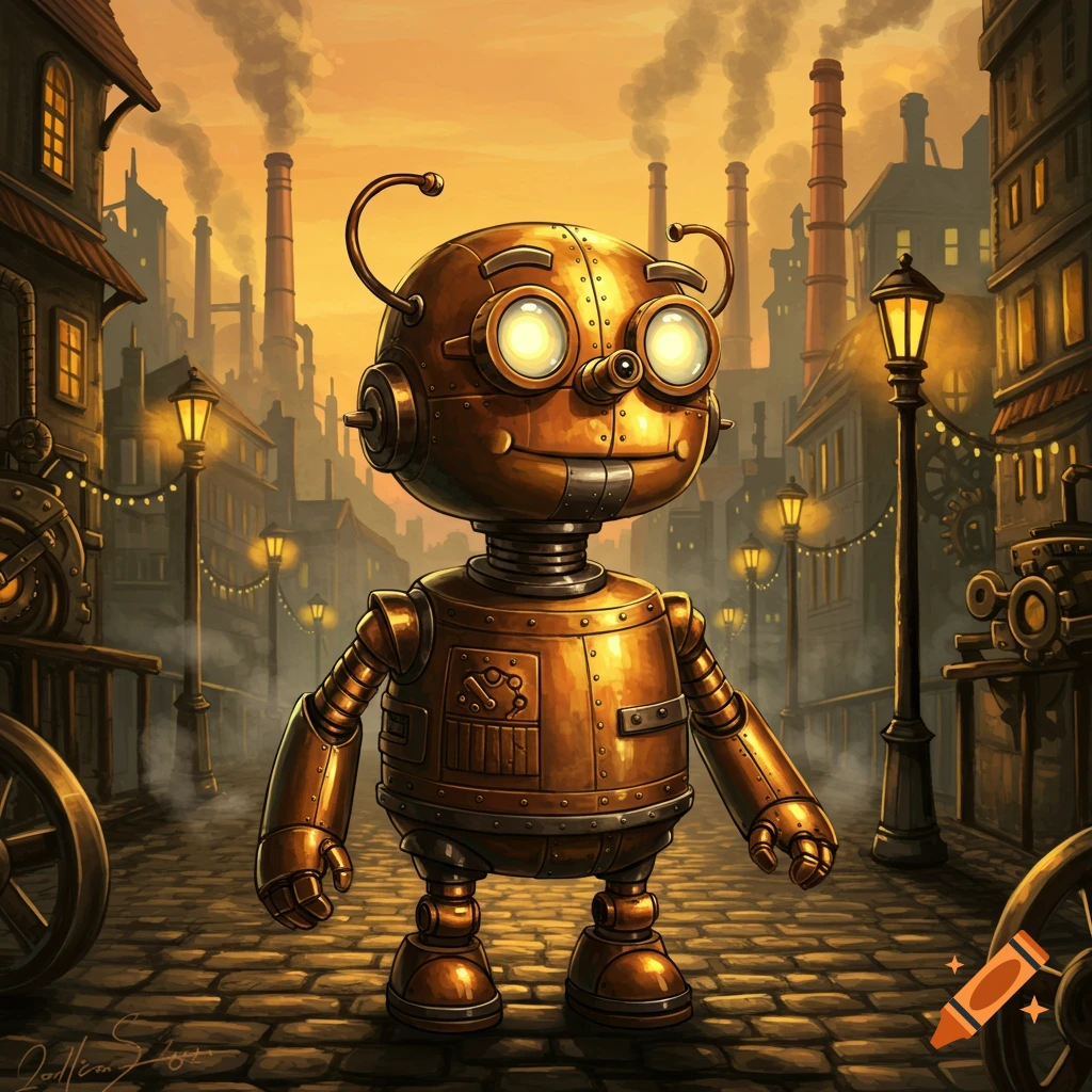 A charming brass steampunk robot with glowing eyes on a cobblestone street in a smoky industrial city.