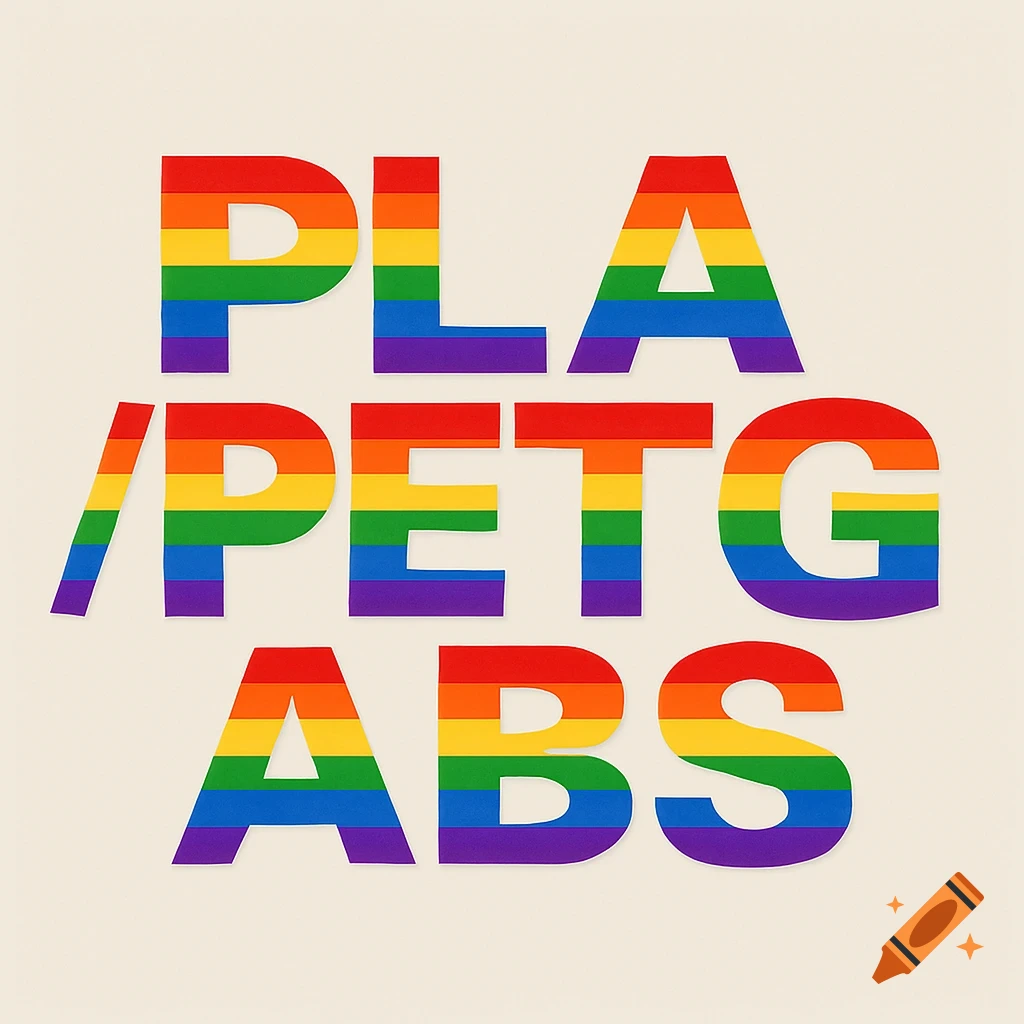 Bold, rainbow-striped letters read 'PLA', '/PETG', 'ABS' on a cream background.