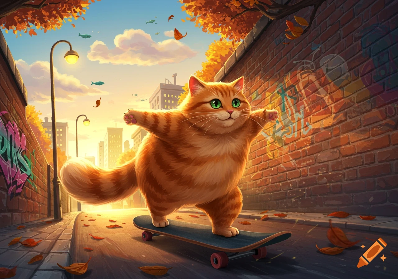 A happy, plump ginger cat with green eyes skateboards down an autumn city street with graffiti walls in a stylized cartoon.