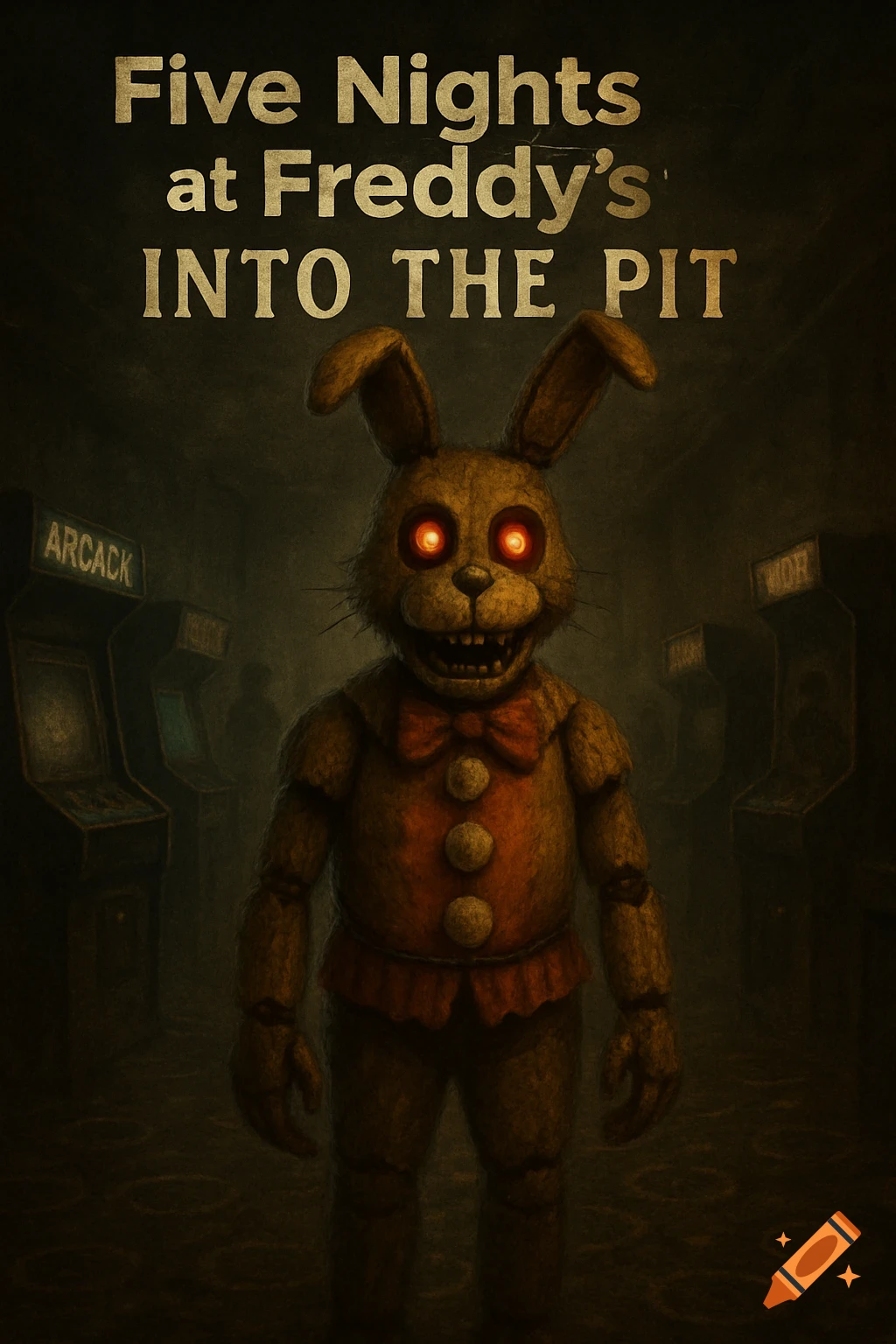 Dark poster featuring a creepy brown animatronic rabbit with glowing red eyes and a red bow tie, standing in a dim arcade with arcade machines. Text reads 'Five Nights at Freddy's INTO THE PIT'.