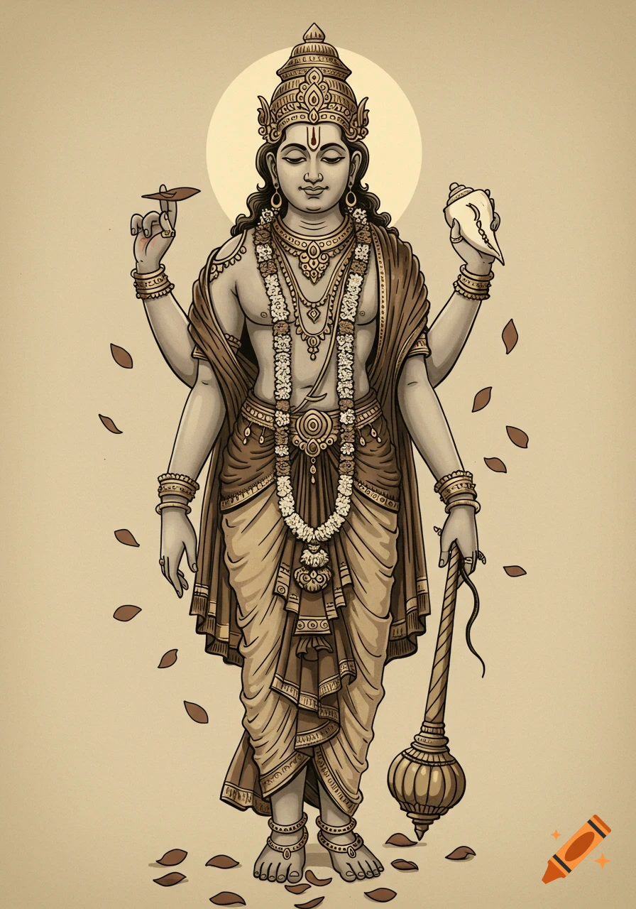 Vintage illustration of a four-armed Hindu deity (Dhanvantari) with traditional attributes, against a plain background with falling leaves.