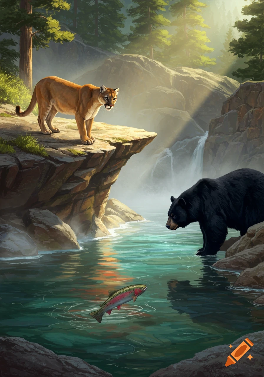 A digital painting shows a mountain lion on a cliff overlooking a black bear in a river, both gazing at a rainbow trout.