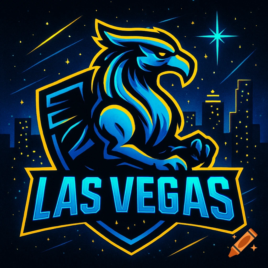 A blue and yellow griffin logo with Las Vegas text and a dark cityscape background, in a bold graphic style.