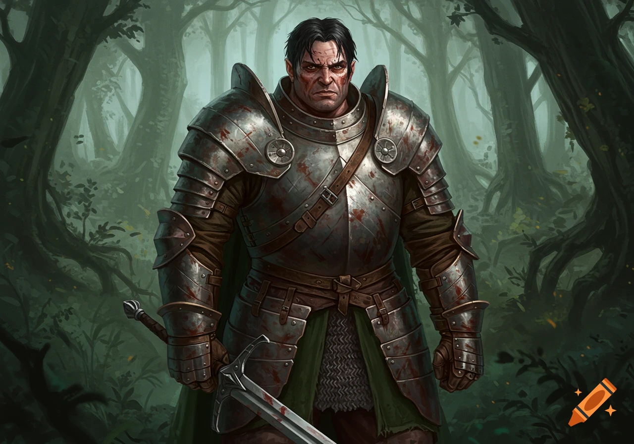 A battle-worn knight in detailed plate armor, with a stern expression, holding a sword in a misty forest.