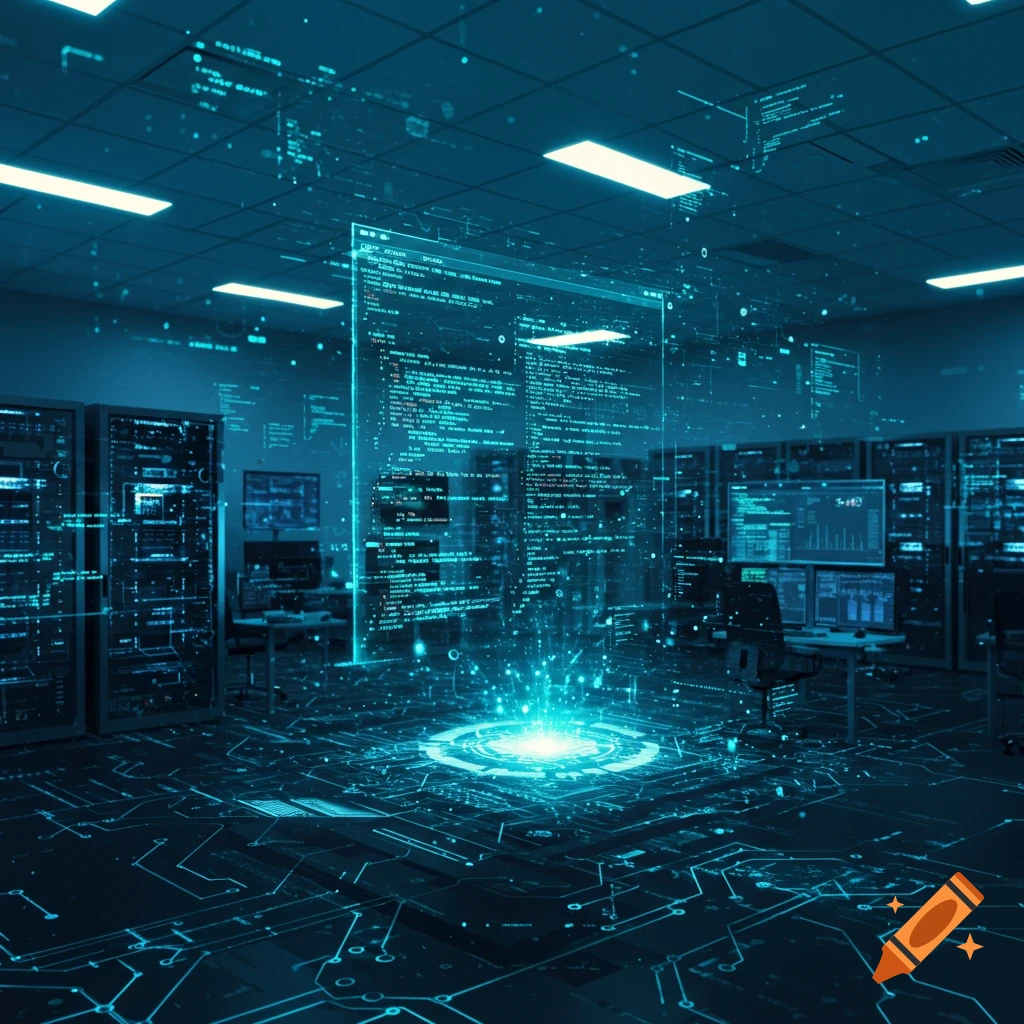 Futuristic data center with glowing blue holographic displays showing abstract code and server racks, circuit patterns on the floor.