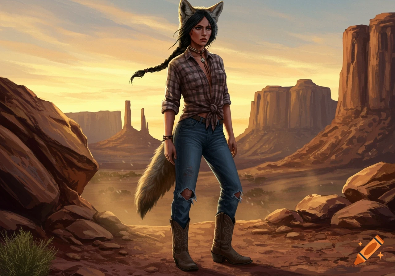 Digital art of a half-coyote woman with a braid, flannel shirt, and jeans, standing in a desert landscape at sunset.