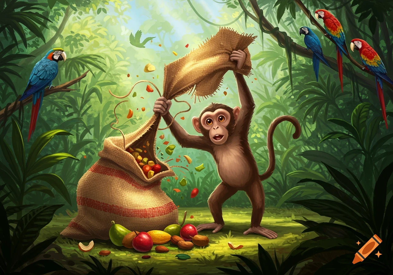 A cartoon monkey pulls open a burlap sack, spilling fruits and nuts in a vibrant jungle with colorful parrots.