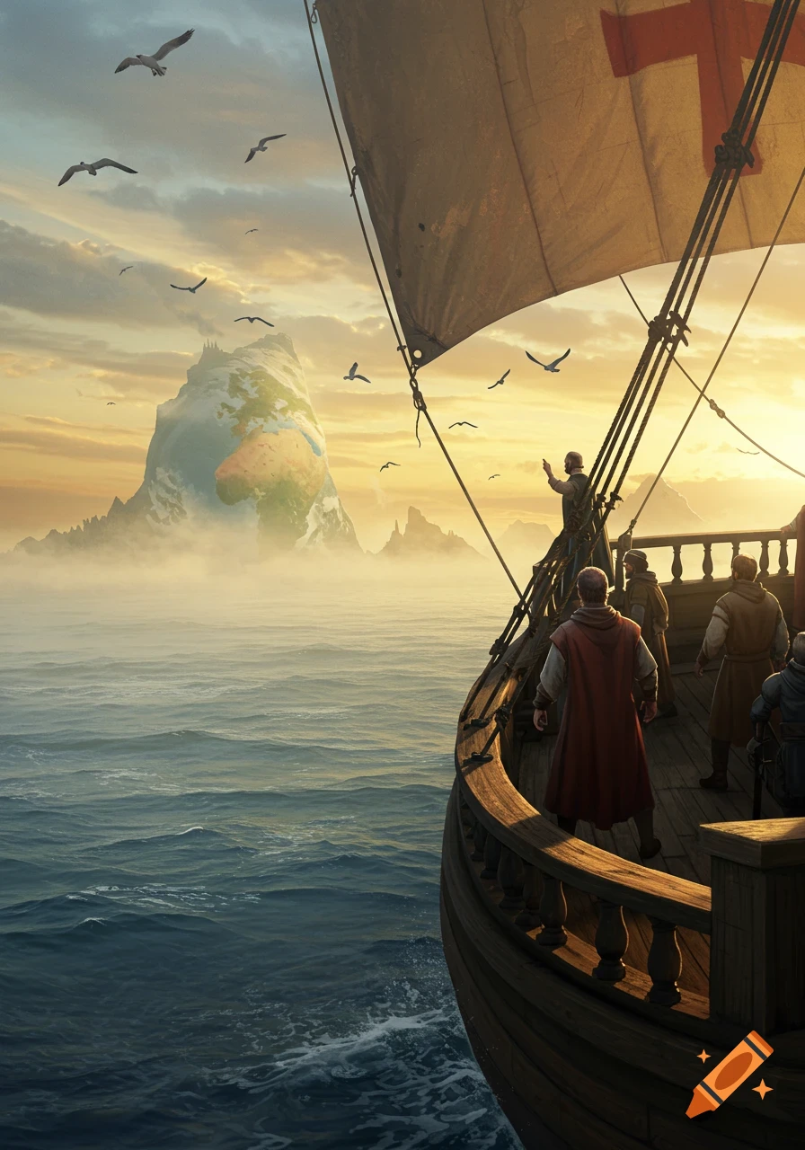 Explorers on a ship sail towards a giant mountain shaped like Earth on a misty ocean at sunset, with birds flying. Digital art.