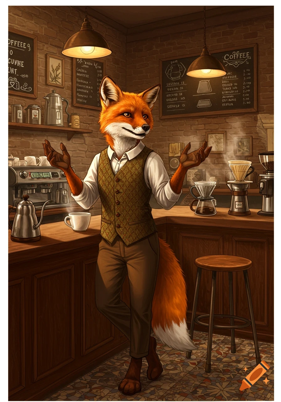 An anthropomorphic fox barista in a patterned vest and white shirt stands behind a wooden counter in a cozy coffee shop, with coffee machines and pour-over brewers.