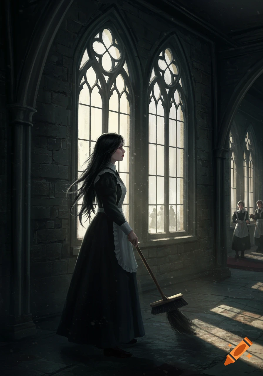 A young woman in a servant's gown holds a broom in a gothic castle corridor, looking out a tall window. Digital painting.