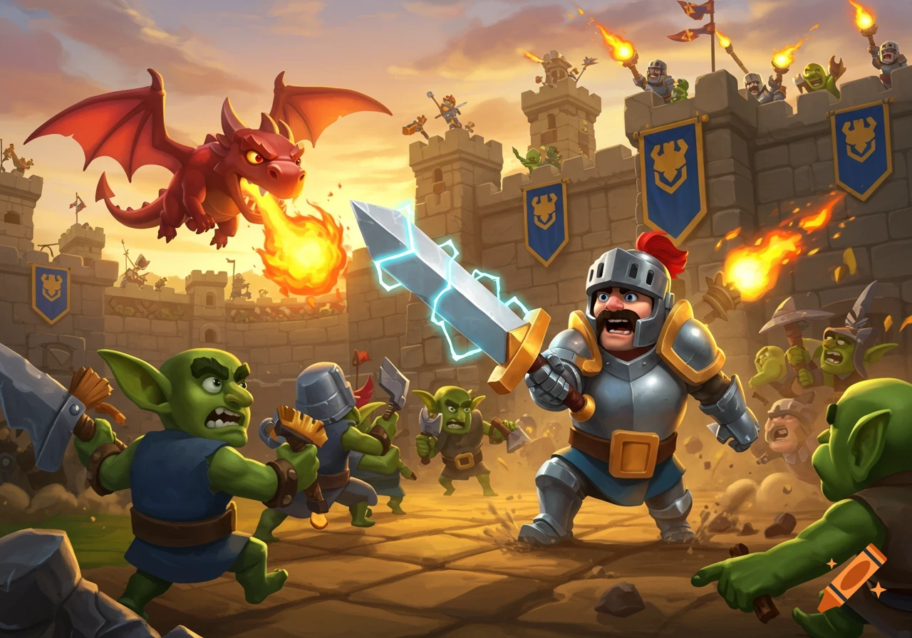 Cartoon fantasy battle with a knight and goblins fighting in front of a castle, a dragon breathing fire overhead.