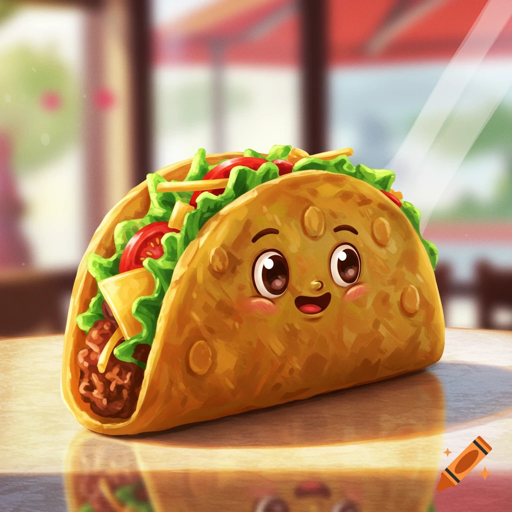 A cute, happy cartoon taco filled with lettuce, tomato, cheese, and meat, sitting on a glossy table.