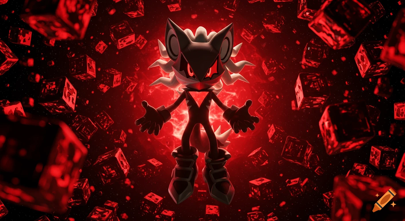 Infinite the Jackal with a red aura, surrounded by glowing red digital cubes in a dark, ominous space.