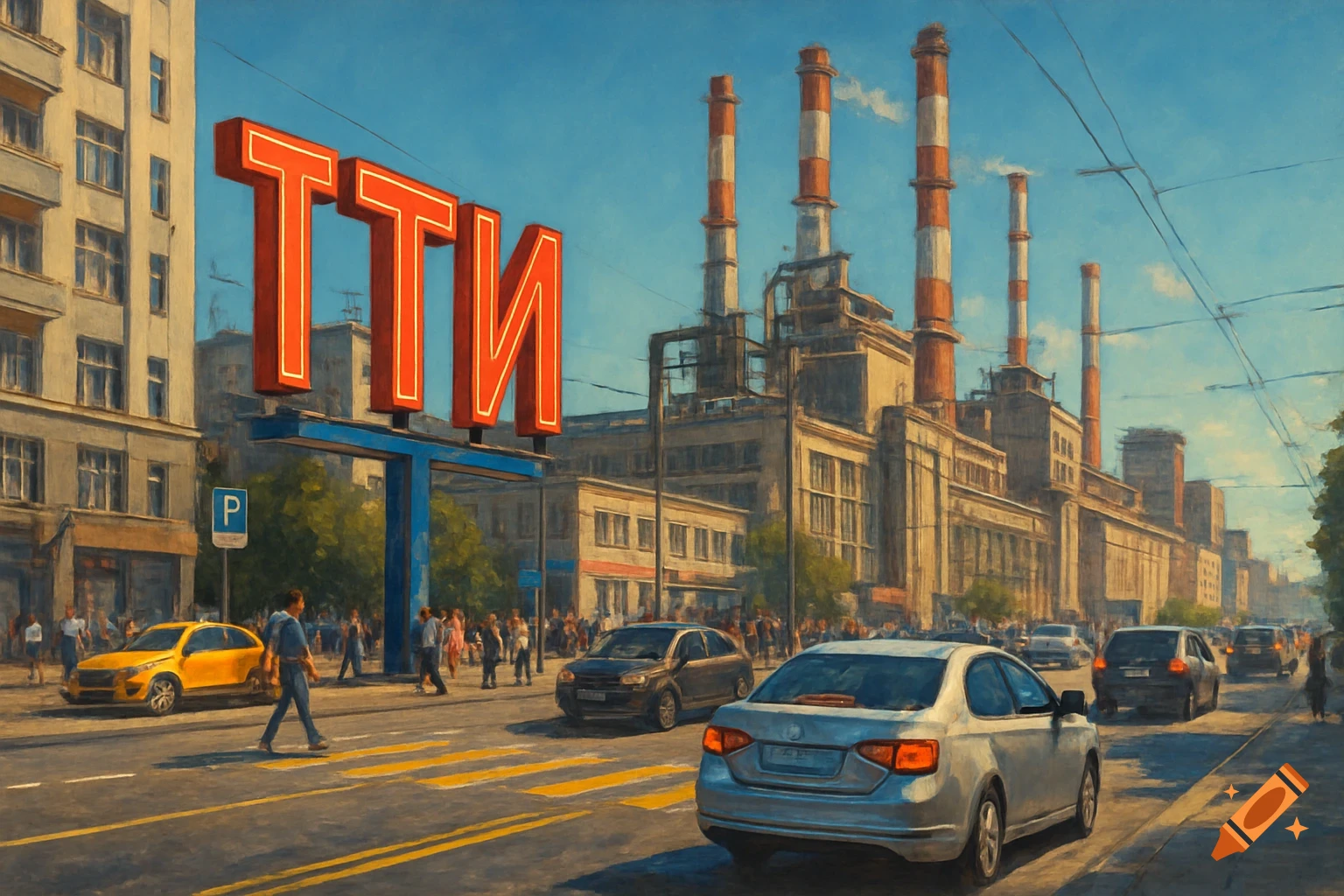 A painterly cityscape in Russia with red "TTI" letters on a billboard, factories in the background, cars and people on a busy street.