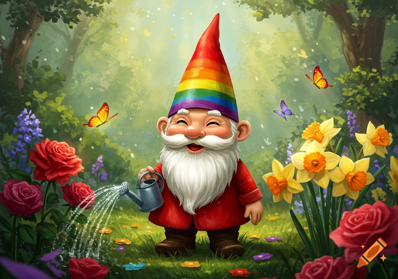 A happy garden gnome with a rainbow hat waters red roses in a vibrant, whimsical forest with daffodils and butterflies.