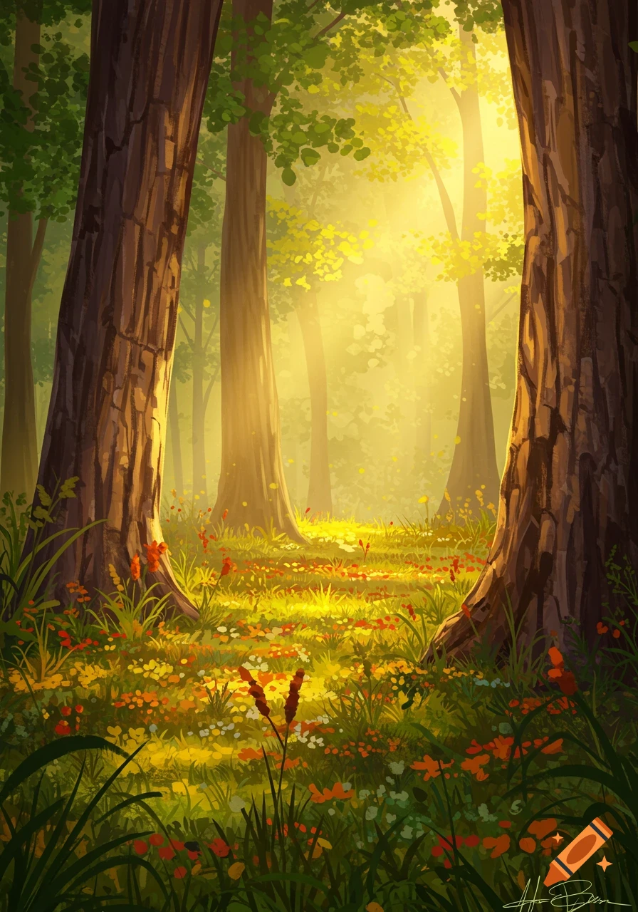 Sunny forest with bright light rays filtering through tall trees onto a vibrant, flower-filled ground in an illustration style.