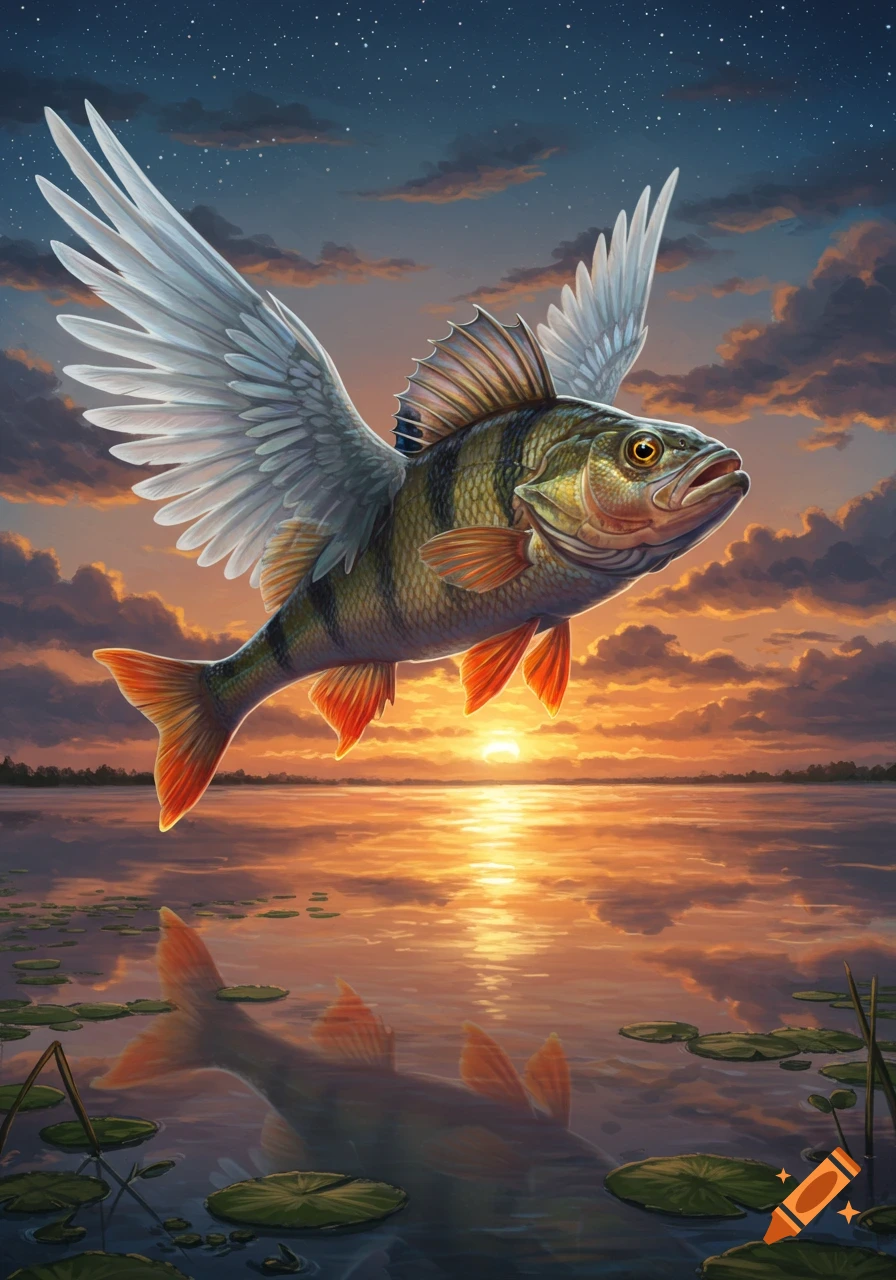 A colorful perch with white wings soars above a serene lake reflecting a vibrant sunset, under a starry dusk sky.