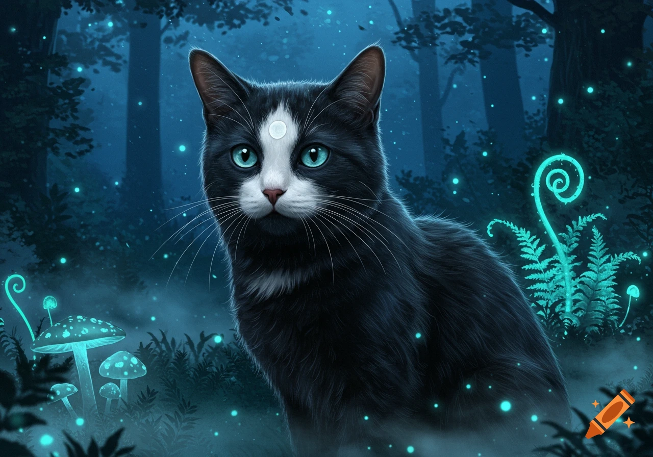 A black and white cat with luminous blue eyes and a white spot on its forehead in a magical, glowing blue forest.