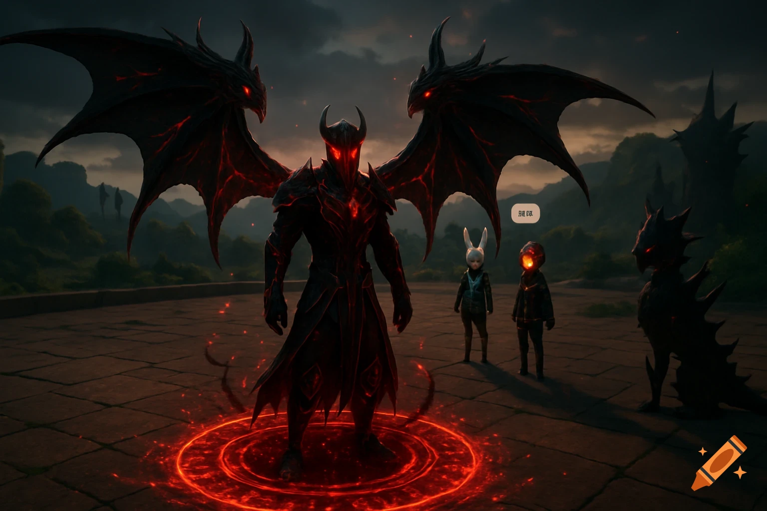 Dark fantasy warrior with glowing red eyes, dragon wings, and a magical circle, flanked by two small figures.